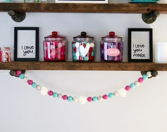 Valentine's Felt Ball Garland, Valentine's Decor, Valentine's Day Garland, Valentine Garland, Felt Garland, Heart Garland