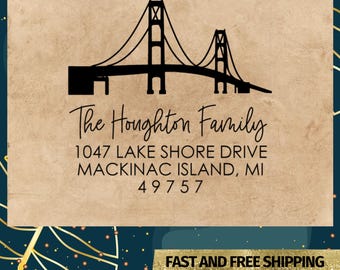 Mackinac Bridge Address Stamp, Michigan Address Stamp, Upper Peninsula Stamp, Mackinaw Bridge Stamp, Housewarming Gift, Custom Address Stamp