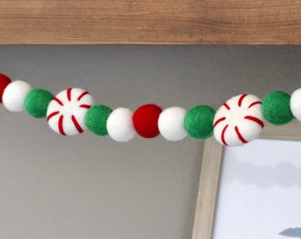 Peppermint Garland, Felt Ball Garland, Pom Pom Garland, Christmas Garland, Winter Garland, Felt Garland, Christmas Decor,  Peppermint Patty