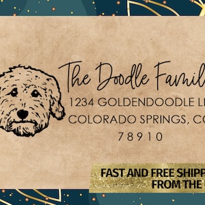 Sello de dirección Goldendoodle, sello personalizado Goldendoodle, sello de garabato dorado, sello de dirección autoentintable, sello de dirección familiar, sello de perro
