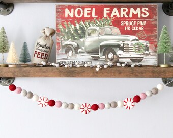 Pepermunt slinger, vilt bal slinger, pom garland, kerst slinger, winter slinger, vilt slinger, kerst decor, kerst vilt pom-poms