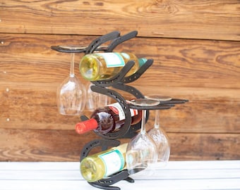 Black Horseshoe Wine Rack - Wine Bottle Holder - Kitchen Decor - Holds 3 Bottles of Wine - Horseshoe Art - Horseshoe Decor