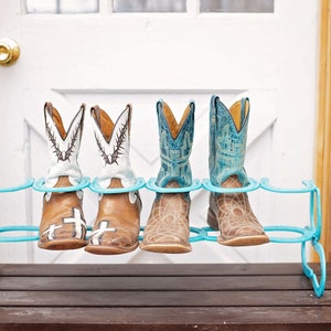 Horseshoe Boot Rack - Turquoise Boot Rack - Horseshoe Decor - Horseshoe Art- Boot Storage - Holds 3 pairs of boots - Boot Rack-Country Decor