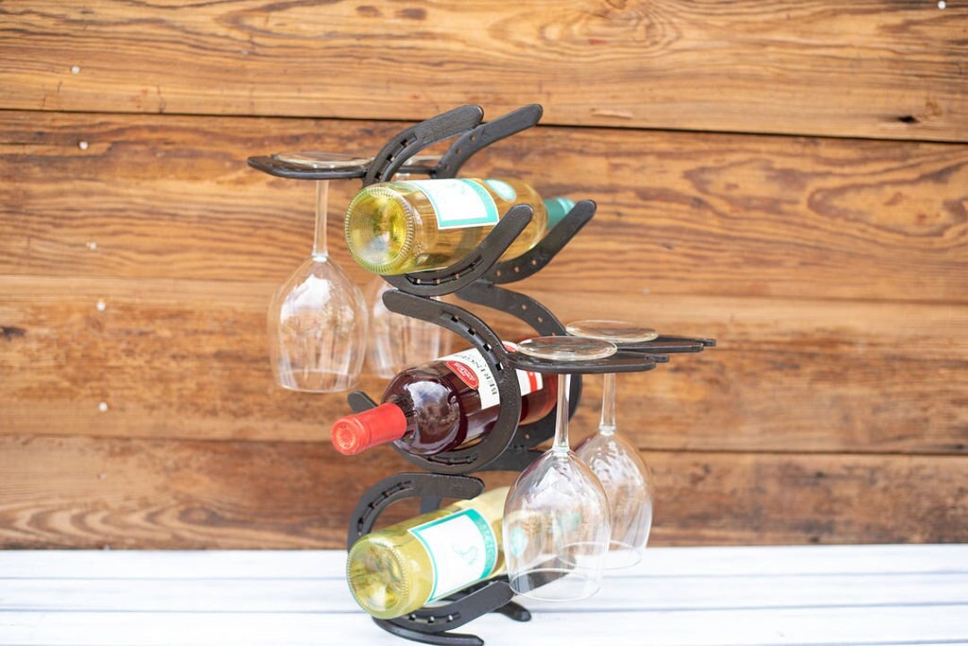 Horseshoe Wine Rack - 2 Bottle & Glasses Rack - The Bear Den Gallery