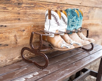 Horseshoe Boot Rack - Boot Rack - Rustic Boot Rack - Brown Boot Rack - Holds 3 Pairs of Boots - Cowboy Boot Storage - Boot Organizer