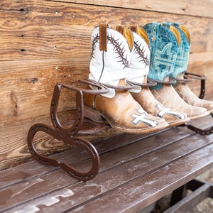 Rustic Standing Horseshoe Boot Rack - 3 Pairs - The Heritage Forge