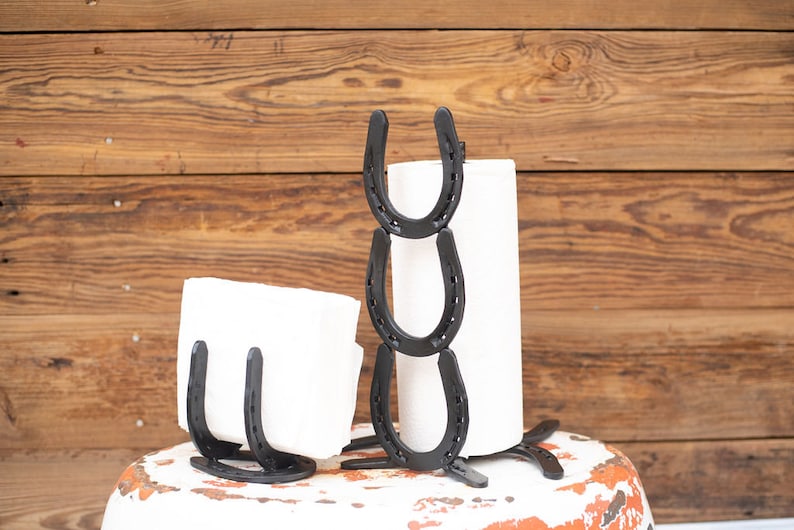 Kitchen Set - Paper Towel Holder and Napkin Holder Set - Horse Shoe Art - Horse Shoe Decor - Black Kitchen Set -