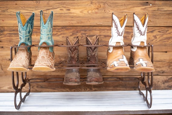 Rustic Standing Horseshoe Boot Rack - 6 Pairs - The Heritage Forge