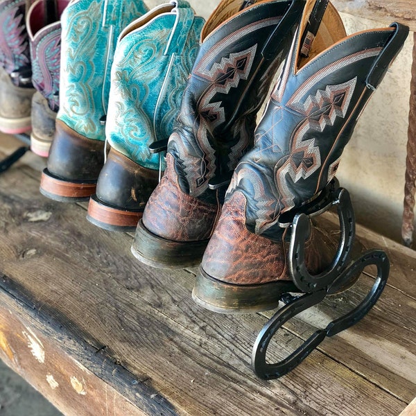 Boot Rack, Horseshoe Boot Rack Three Pair Boot Holder, Boot Organizer, Shoe Holder, Shoe Rack, Western Decor, Country Decor, Horseshoe Art