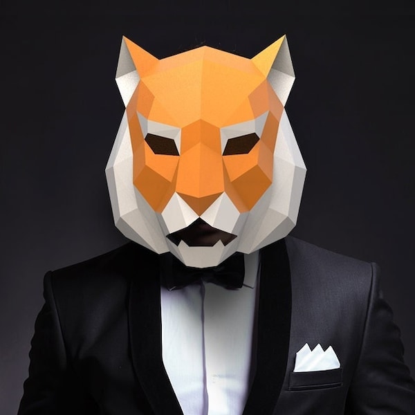 Masque en papier tigre, Cosplay animal, modèle PDF de masque en papier Low Poly, costume 3d pour Halloween