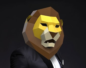 Papieren leeuwmasker, laag poly 3D-kostuum (pdf-sjabloon)