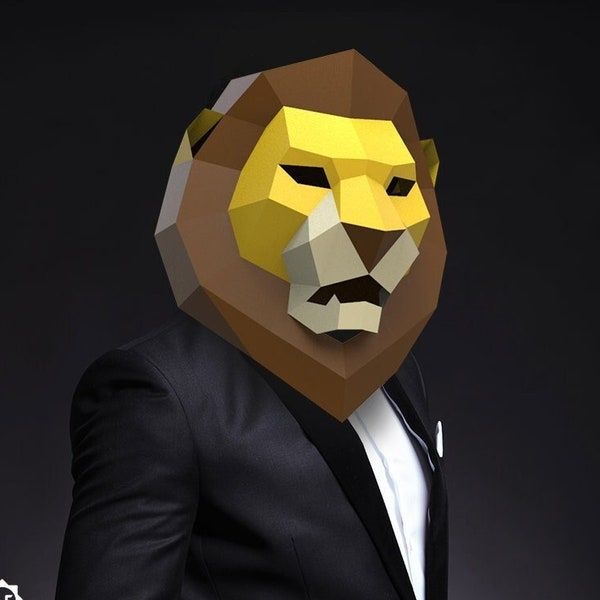 Lion Paper Mask, Animal Cosplay, Low Poly Paper Mask PDF Template, 3d Costume for Halloween