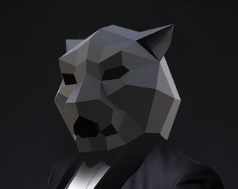 Máscara de pantera negra, cosplay de animales, plantilla PDF de máscara de papel de baja poli, disfraz 3d para Halloween