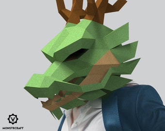 Máscara de papel de dragón oriental (chino), cosplay, plantilla PDF de máscara de papel de baja poli, disfraz 3d para Halloween