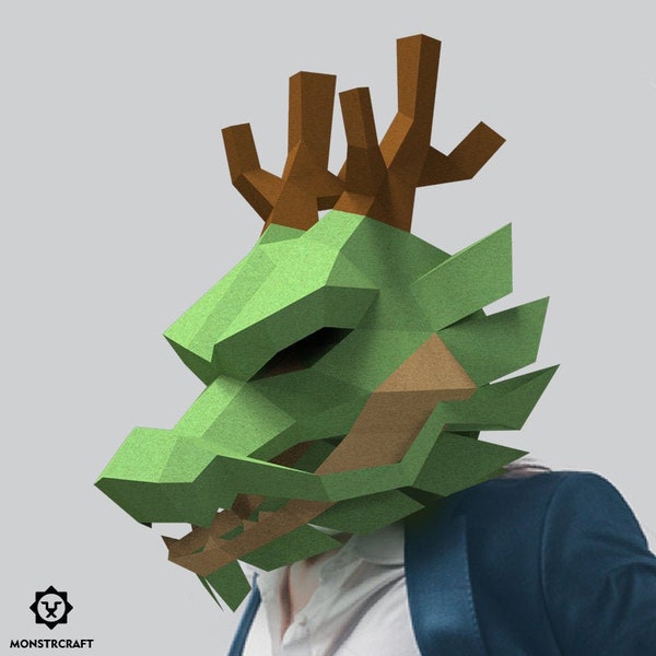 Masque en papier Dragon oriental (chinois), Cosplay, modèle PDF de masque en papier Low Poly, costume 3d pour Halloween