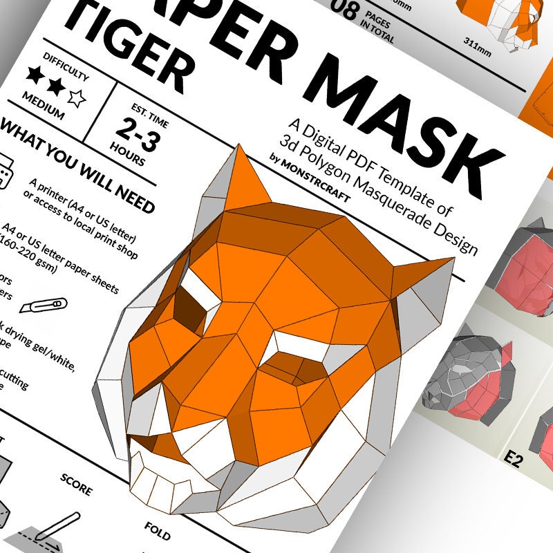 Tiger Paper Mask, Animal Cosplay, Low Poly Paper Mask PDF Tiger Paper Mask, Animal Cosplay, Low Poly Paper Mask PDF