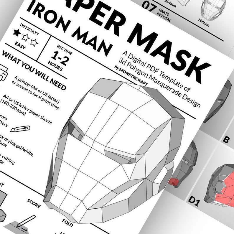 May include: A printable papercraft template for an Iron Man mask. The template is a digital PDF file with 7 parts and is designed for easy assembly. The mask is made of polygons and is a 3D design.