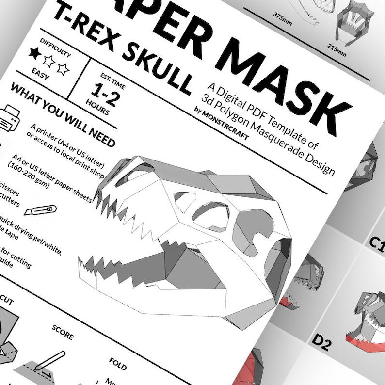 Puede incluir: Una plantilla de m&aacute;scara de papel para imprimir de un cr&aacute;neo de T-Rex. La plantilla es un archivo PDF digital e incluye instrucciones para cortar, marcar y doblar el papel para crear una m&aacute;scara 3D. La m&aacute;scara est&aacute; dise&ntilde;ada por MONSTRCRAFT.