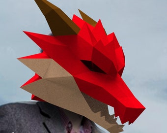 Máscara de papel de dragón occidental, cosplay, plantilla PDF de máscara de papel de baja poli, disfraz 3d para Halloween