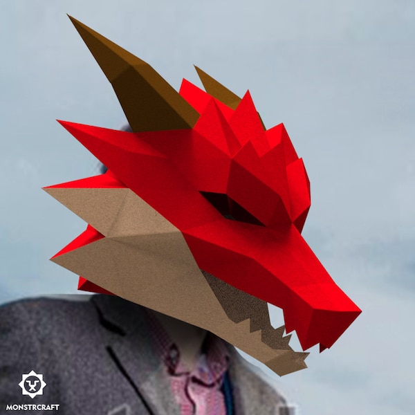 Maska papierowa Western Dragon, Cosplay, maska papierowa Low Poly szablon PDF, kostium 3D na Halloween