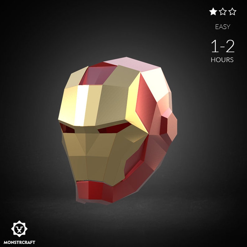 May include: A red and gold papercraft model of Iron Man's helmet. The helmet is made of many small, folded pieces of paper. It is a 3D model of the iconic superhero's head.