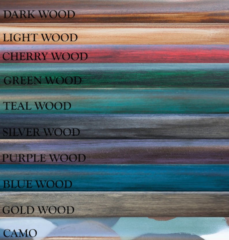 May include: A wood sample board with 10 different wood finishes, including dark wood, light wood, cherry wood, green wood, teal wood, silver wood, purple wood, blue wood, gold wood, and camo.