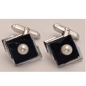 Vintage Chinese Export Era Silver Onyx Cultured Pearl Cufflinks