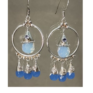 Sajen Solid Sterling Silver Briolette Opalite, Chalcedony and Amethyst Earrings