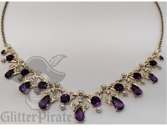 Vintage Custom Solid 14k Yellow Gold 20.26cttw Amethyst Diamond Seed Pearl Necklace