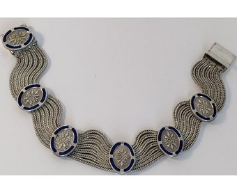 Vintage Turkish Sterling Silver Blue 7 Strand Foxtail Chain Enamel Bracelet 84NU