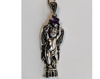Estate Solid Sterling Silver Amethyst Angel Cherub Pendant with 22" Chain