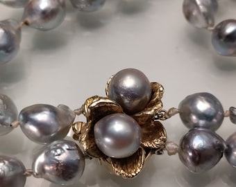 Vintage 14k Gold Grey South Sea Baroque Pearl Necklace 2 Strand 101g 585 Saltwater