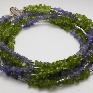 20&quot; Sterling Silver 4 Strand Tanzanite Peridot Chip Necklace 63.4g