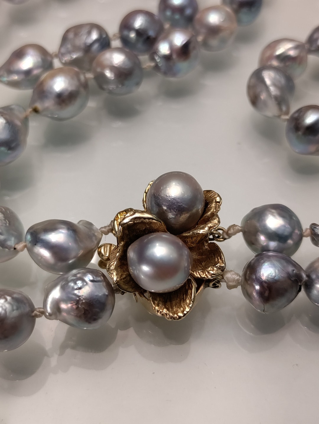 Vintage 14k Gold Grey South Sea Baroque Pearl Necklace 2 Strand 101g ...