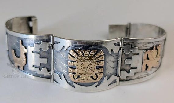 【silver 925】 18kコーティング ブレスレット vintage Signed JFG Peruvian 925 Sterling 18k Gold Applique Storyteller