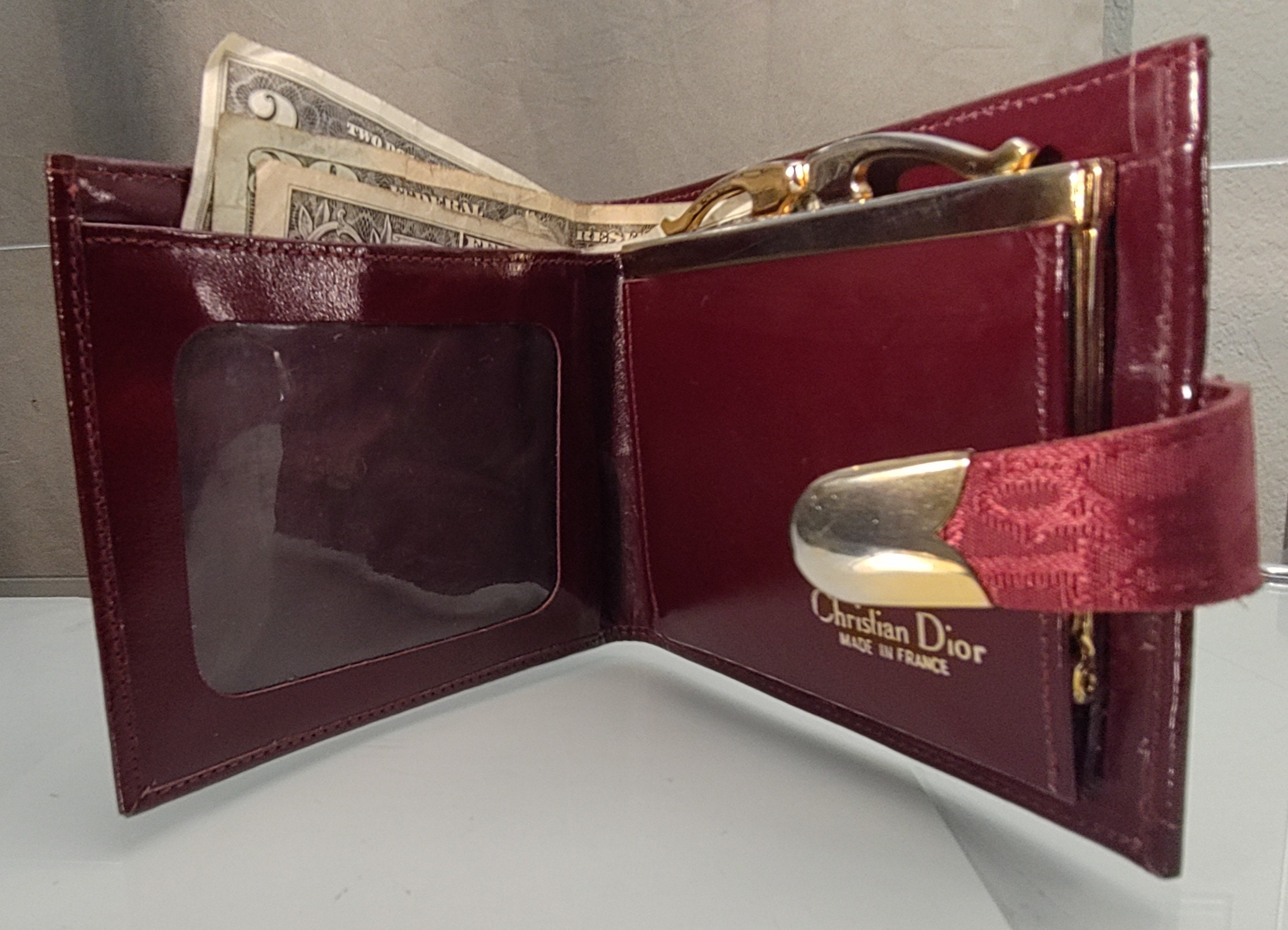 Rare Christian Dior Maroon Red Trotter Diorissimo Canvas Bi-fold