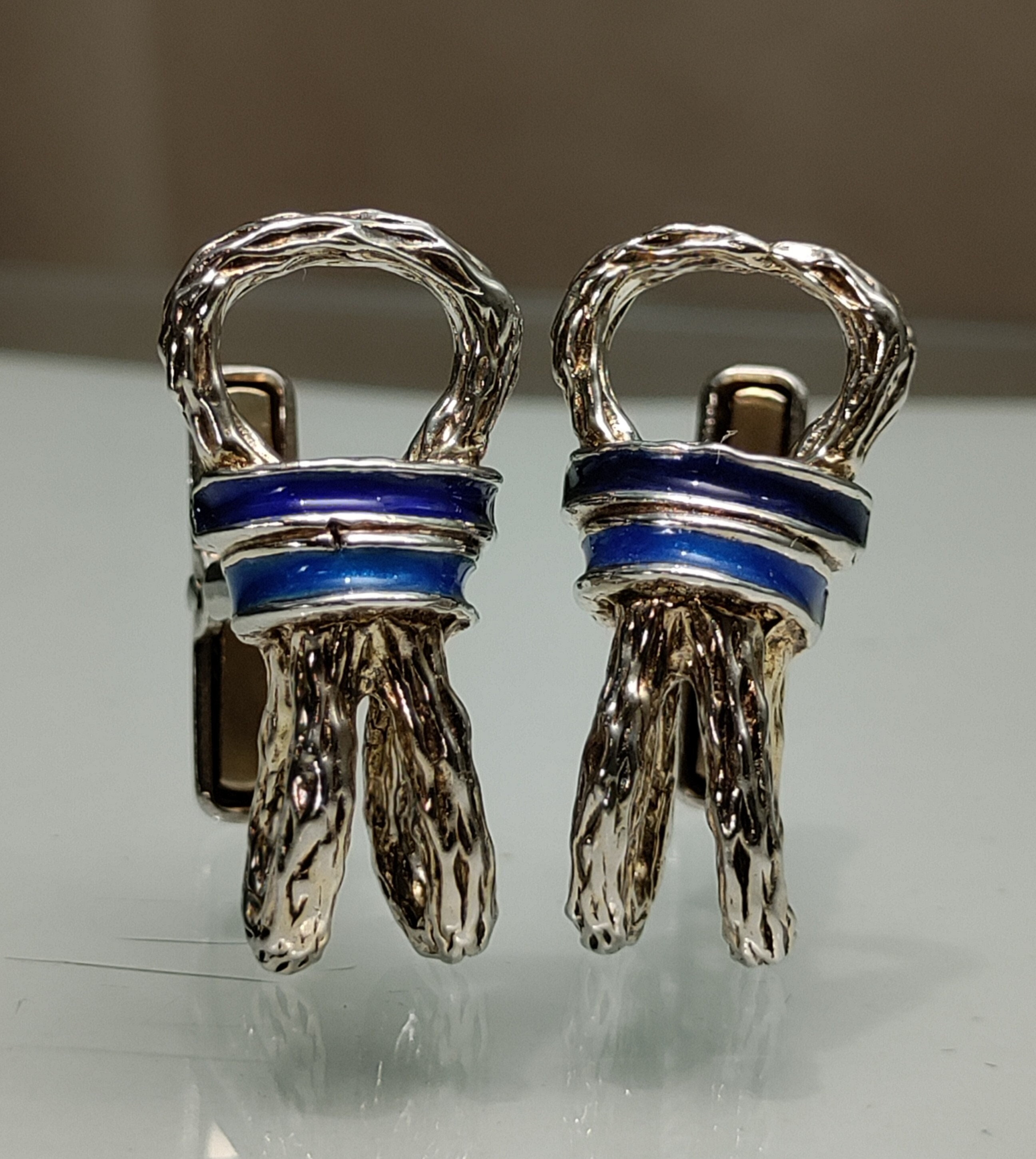 Vintage Rare Sterling Silver Rope Knot Cotter Pin Enamel Cufflinks by Swank