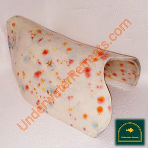 Peut inclure: Un objet en céramique blanc cassé tacheté avec un design incurvé. La surface est ornée de taches colorées rouges, oranges, jaunes et bleues. Le texte "UnderwaterRetreats.com" est visible sur l'objet.