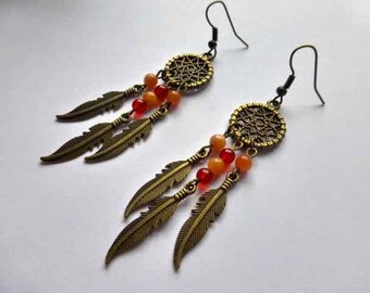 Brass Dreamcatcher Earrings With Orange Calcite & Carnelian Gemstone Beads - Southwest - Boho - Hippy - Festival - Gypsy