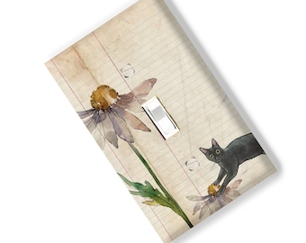 Black Cat Flower Notebook Page Light Switch Cover Outlet  art repo print  Kitchen Bed room Home Decor Garden Gift Botanical