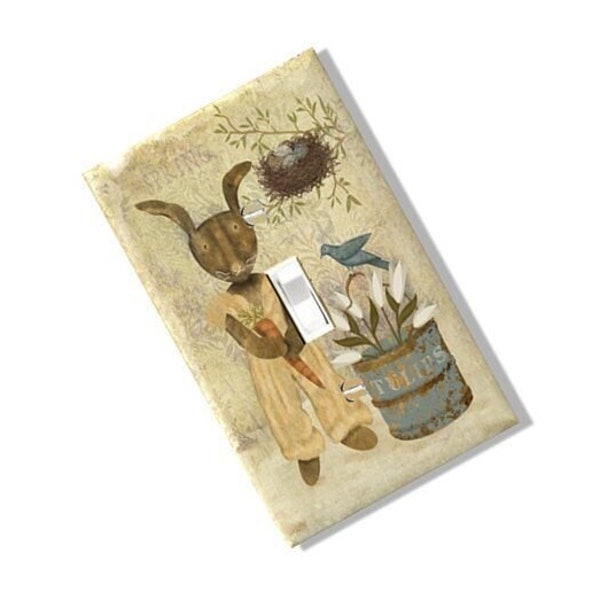 Spring Bunny Primitive Light Switch Plate Cover Rustic Rabbit Hare Farm Chic Easter Houseware Nursery Baby Boho