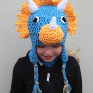 Crochet Triceratops hat, toddler, child, adult hat sizes