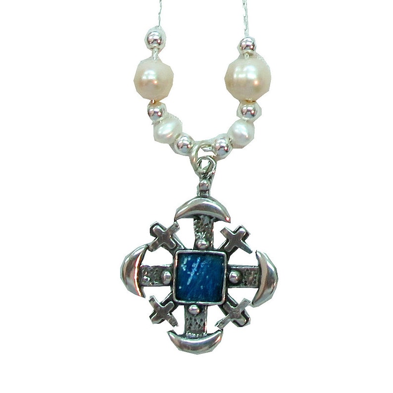 Roman Glass 925 Silver Jerusalem Cross Necklace with Freshwater Pearl Artisan Necklace Jerusalem Cross Necklace Beaded Necklace