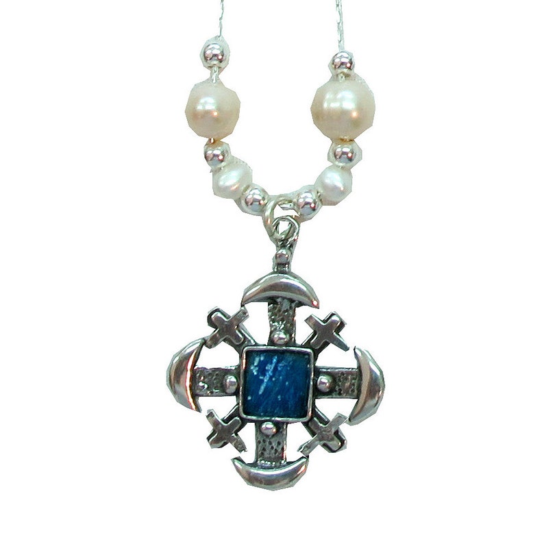 Roman Glass 925 Silver Jerusalem Cross Necklace with Freshwater Pearl Artisan Necklace Jerusalem Cross Necklace Beaded Necklace