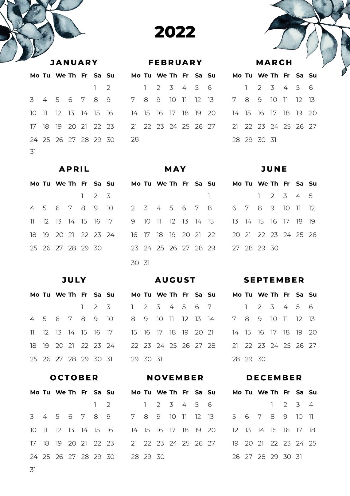 2022 year at a glance calendar printable one page 12 month