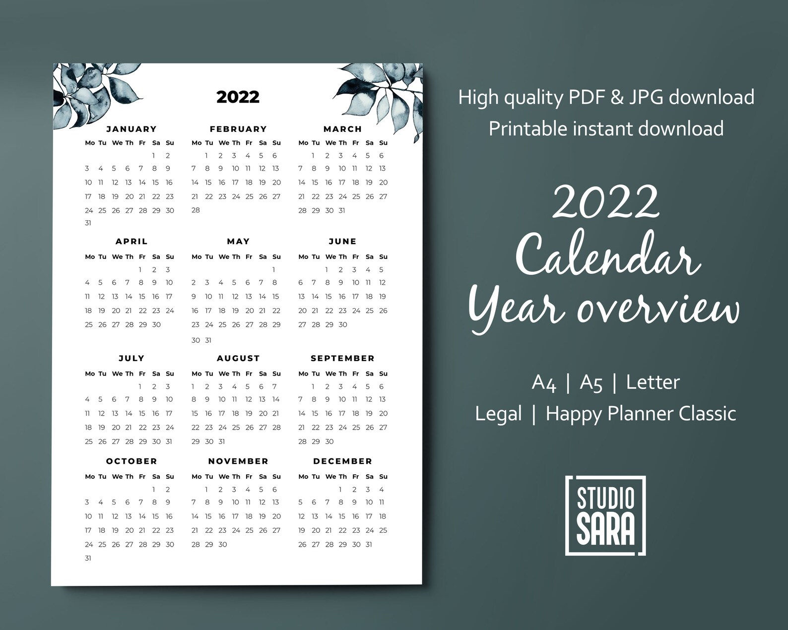 2022 year at a glance calendar printable one page 12 month