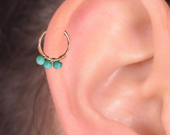 Gold Helix Hoop, Snug Fit Helix, 14k Gold filled Tragus Piercing, Helix Earrings, Ocean Quartz Gold Hoop, Tiny Helix Earring