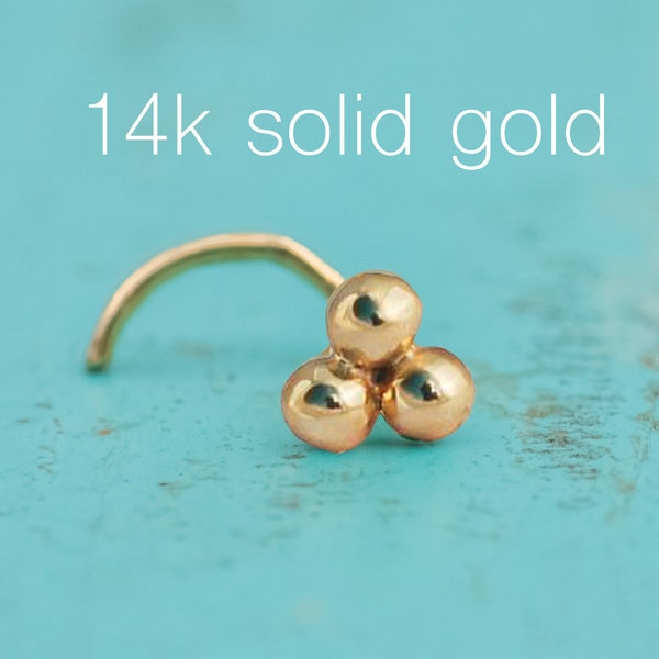 Nose Stud, 14k SOLID GOLD Nose Ring, Ball Nose, Trinity Tribal 3 Triple Three Nose, Nose Piercing, Nose Screw, Plain Small Silver Nose Stud