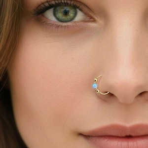 Tiny Nose Ring, Opal Nose Hoop, Shiny Piercing, Blue Bead Hoop, White Opal Nose Ring, Beaded Earring, 6mm Snug Fit Nostril, Cartilage