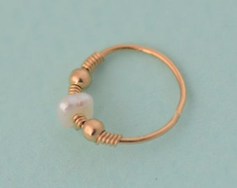 Pearl Nose Ring, Wire Wrapped White Pearl Nose Hoop, Silver Nose Jewelry, 14K Gold Filled Nose Earring, Pearl Nose Ring